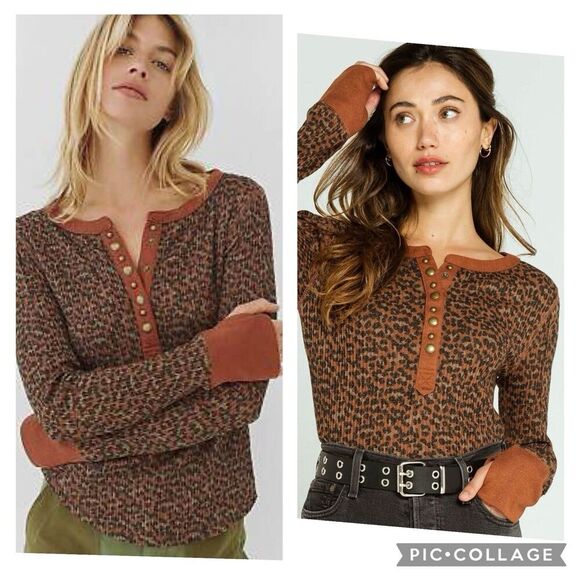 Free People We The Free Everest Henley Top Size XS Leopard Brown Waffle Knit - Picture 1 of 10